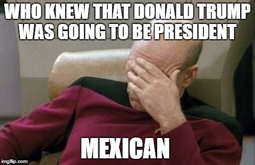 why | WHO KNEW THAT DONALD TRUMP WAS GOING TO BE PRESIDENT; MEXICAN | image tagged in memes,captain picard facepalm | made w/ Imgflip meme maker