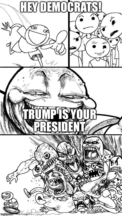 Hey Internet | HEY DEMOCRATS! TRUMP IS YOUR PRESIDENT | image tagged in memes,hey internet | made w/ Imgflip meme maker