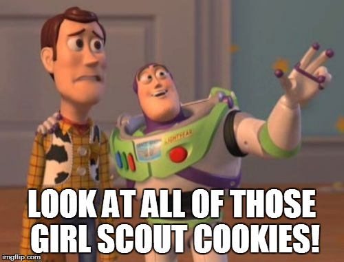 X, X Everywhere Meme | LOOK AT ALL OF THOSE GIRL SCOUT COOKIES! | image tagged in memes,x x everywhere | made w/ Imgflip meme maker