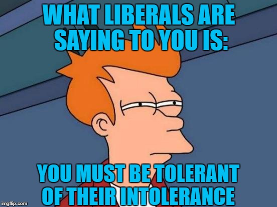 Futurama Fry Meme | WHAT LIBERALS ARE SAYING TO YOU IS:; YOU MUST BE TOLERANT OF THEIR INTOLERANCE | image tagged in memes,futurama fry | made w/ Imgflip meme maker