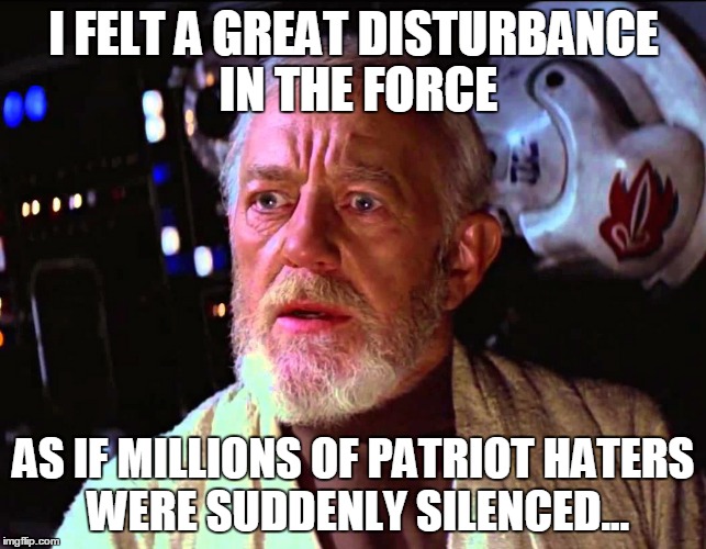 Disturbance in the Force | I FELT A GREAT DISTURBANCE IN THE FORCE; AS IF MILLIONS OF PATRIOT HATERS WERE SUDDENLY SILENCED... | image tagged in disturbance in the force | made w/ Imgflip meme maker