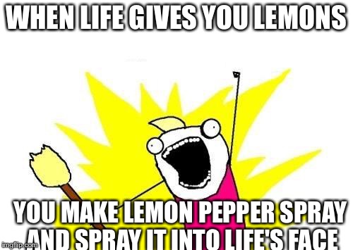 X All The Y Meme | WHEN LIFE GIVES YOU LEMONS; YOU MAKE LEMON PEPPER SPRAY AND SPRAY IT INTO LIFE'S FACE | image tagged in memes,x all the y | made w/ Imgflip meme maker