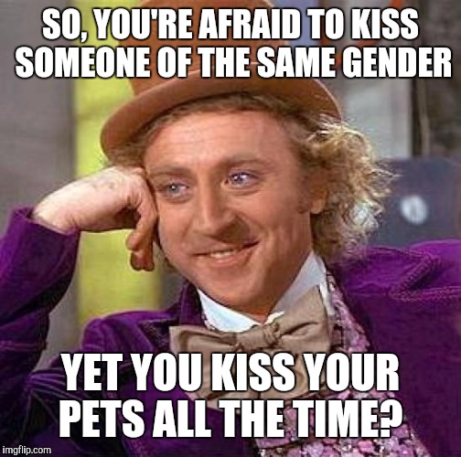 Creepy Condescending Wonka | SO, YOU'RE AFRAID TO KISS SOMEONE OF THE SAME GENDER; YET YOU KISS YOUR PETS ALL THE TIME? | image tagged in memes,creepy condescending wonka | made w/ Imgflip meme maker