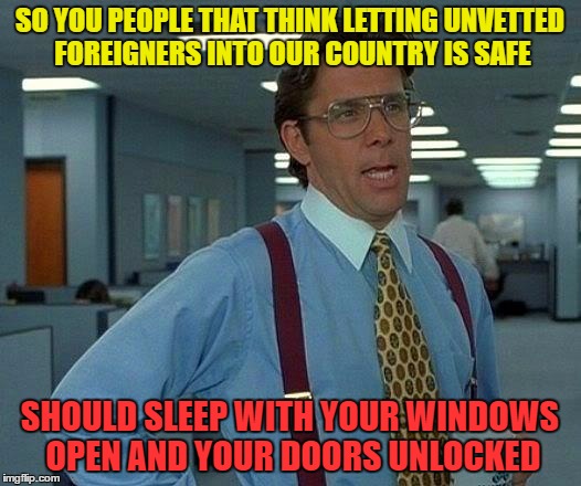 That Would Be Great Meme | SO YOU PEOPLE THAT THINK LETTING UNVETTED FOREIGNERS INTO OUR COUNTRY IS SAFE; SHOULD SLEEP WITH YOUR WINDOWS OPEN AND YOUR DOORS UNLOCKED | image tagged in memes,that would be great | made w/ Imgflip meme maker