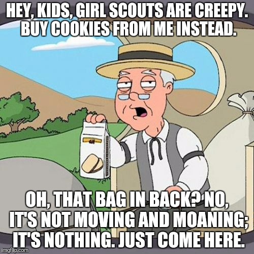 Pepperidge Farm Remembers Meme | HEY, KIDS, GIRL SCOUTS ARE CREEPY. BUY COOKIES FROM ME INSTEAD. OH, THAT BAG IN BACK? NO, IT'S NOT MOVING AND MOANING; IT'S NOTHING. JUST COME HERE. | image tagged in memes,pepperidge farm remembers | made w/ Imgflip meme maker