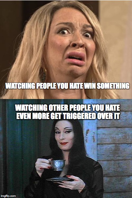 WATCHING PEOPLE YOU HATE WIN SOMETHING; WATCHING OTHER PEOPLE YOU HATE EVEN MORE GET TRIGGERED OVER IT | image tagged in schadenfreude | made w/ Imgflip meme maker