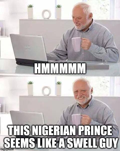 Hide the Pain Harold Meme | HMMMMM; THIS NIGERIAN PRINCE SEEMS LIKE A SWELL GUY | image tagged in memes,hide the pain harold | made w/ Imgflip meme maker