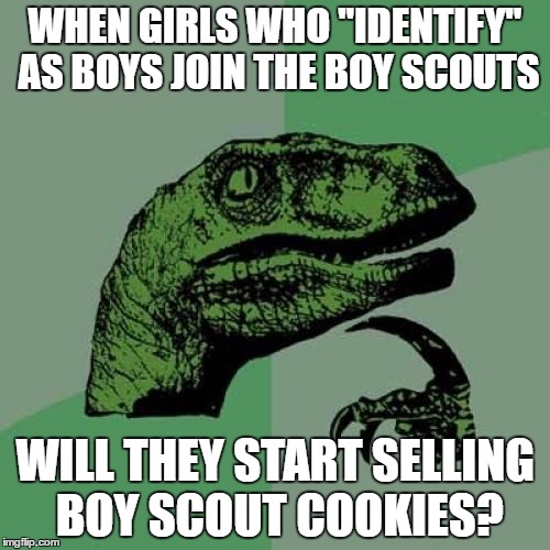 Philosoraptor Meme | WHEN GIRLS WHO "IDENTIFY" AS BOYS JOIN THE BOY SCOUTS; WILL THEY START SELLING BOY SCOUT COOKIES? | image tagged in memes,philosoraptor | made w/ Imgflip meme maker