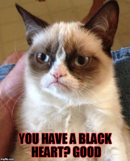 Grumpy Cat Meme | YOU HAVE A BLACK HEART? GOOD | image tagged in memes,grumpy cat | made w/ Imgflip meme maker