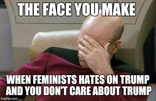 Captain Picard Facepalm | THE FACE YOU MAKE; WHEN FEMINISTS HATES ON TRUMP AND YOU DON'T CARE ABOUT TRUMP | image tagged in memes,captain picard facepalm | made w/ Imgflip meme maker