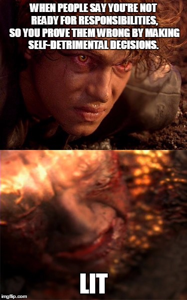 Anakin Skywalker Burning | WHEN PEOPLE SAY YOU'RE NOT READY FOR RESPONSIBILITIES, SO YOU PROVE THEM WRONG BY MAKING SELF-DETRIMENTAL DECISIONS. LIT | image tagged in anakin skywalker burning | made w/ Imgflip meme maker