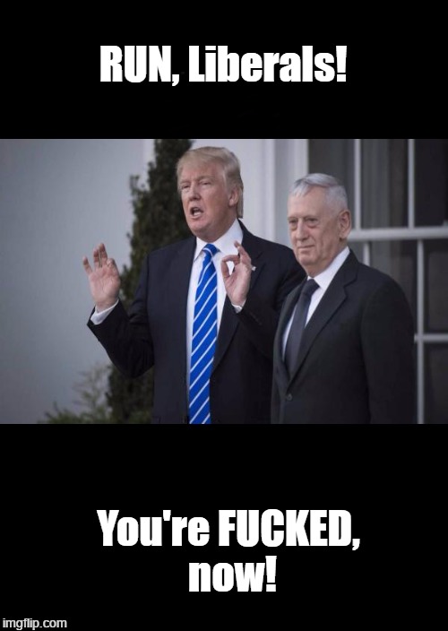 Run, Liberals! You're FUCKED, now! | RUN, Liberals! You're FUCKED, now! | image tagged in donald j trump,general james mattis,mad dog mattis,centcom,us marine corps | made w/ Imgflip meme maker