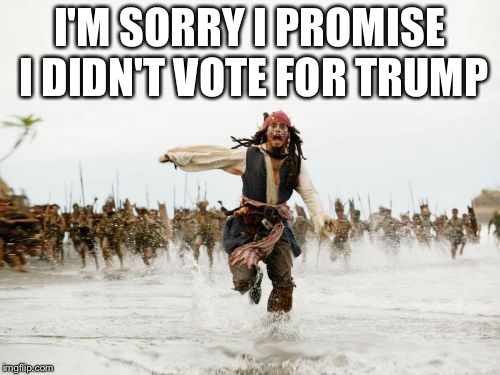Jack Sparrow Being Chased | I'M SORRY I PROMISE I DIDN'T VOTE FOR TRUMP | image tagged in memes,jack sparrow being chased | made w/ Imgflip meme maker
