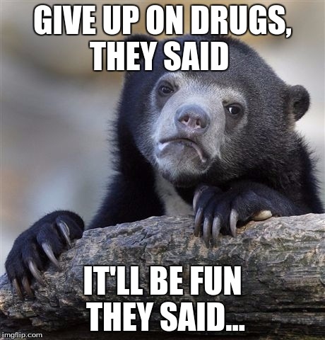 Confession Bear | GIVE UP ON DRUGS, THEY SAID; IT'LL BE FUN THEY SAID... | image tagged in memes,confession bear | made w/ Imgflip meme maker