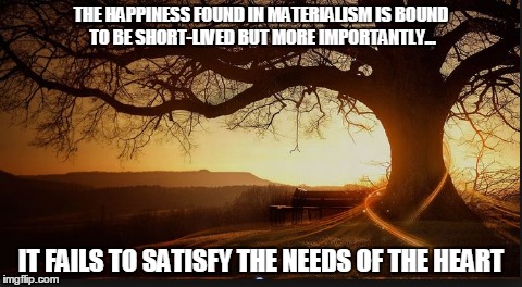 THE HAPPINESS FOUND IN MATERIALISM IS BOUND TO BE SHORT-LIVED BUT MORE IMPORTANTLY... IT FAILS TO SATISFY THE NEEDS OF THE HEART | image tagged in affairs of heart,materialism | made w/ Imgflip meme maker