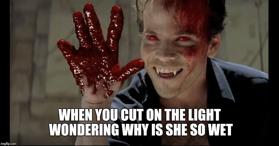 WHEN YOU CUT ON THE LIGHT WONDERING WHY IS SHE SO WET | image tagged in memes,funny,funny memes,blade,nasty woman,so true memes | made w/ Imgflip meme maker