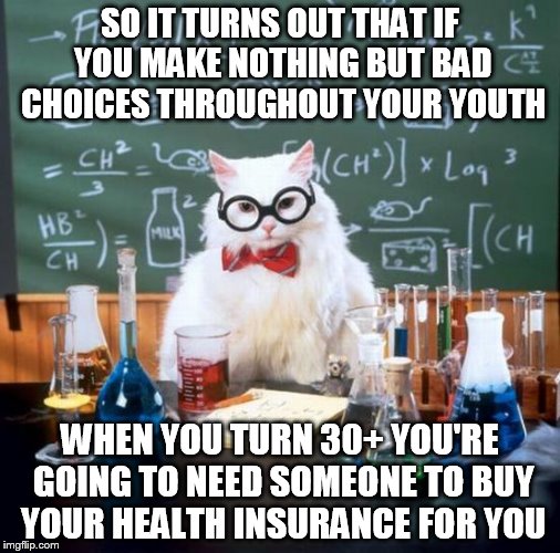 Chemistry Cat | SO IT TURNS OUT THAT IF YOU MAKE NOTHING BUT BAD CHOICES THROUGHOUT YOUR YOUTH; WHEN YOU TURN 30+ YOU'RE GOING TO NEED SOMEONE TO BUY YOUR HEALTH INSURANCE FOR YOU | image tagged in memes,chemistry cat | made w/ Imgflip meme maker