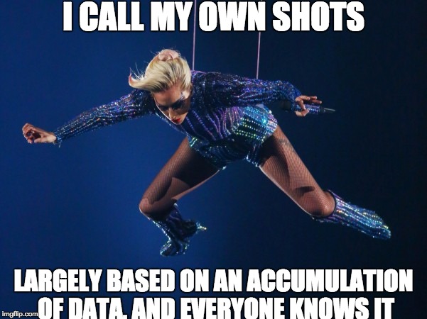 I CALL MY OWN SHOTS; LARGELY BASED ON AN ACCUMULATION OF DATA, AND EVERYONE KNOWS IT | image tagged in tralalaga,lady gaga,donald trump,superbowl,twitter,donald drumpf | made w/ Imgflip meme maker