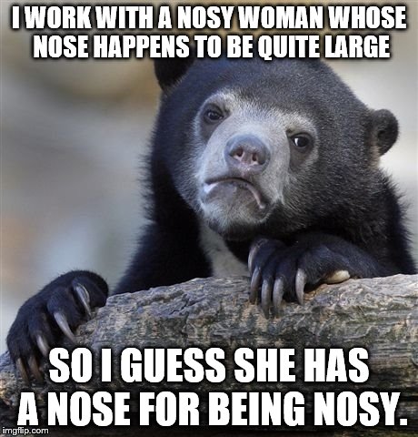 Confession Bear | I WORK WITH A NOSY WOMAN WHOSE NOSE HAPPENS TO BE QUITE LARGE; SO I GUESS SHE HAS A NOSE FOR BEING NOSY. | image tagged in memes,confession bear | made w/ Imgflip meme maker