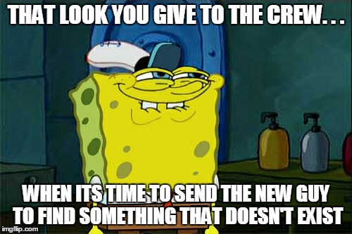 Don't You Squidward Meme | THAT LOOK YOU GIVE TO THE CREW. . . WHEN ITS TIME TO SEND THE NEW GUY TO
FIND SOMETHING THAT DOESN'T EXIST | image tagged in memes,dont you squidward | made w/ Imgflip meme maker