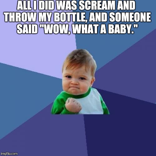 Success Kid | ALL I DID WAS SCREAM AND THROW MY BOTTLE, AND SOMEONE SAID "WOW, WHAT A BABY." | image tagged in memes,success kid | made w/ Imgflip meme maker