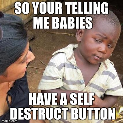 Third World Skeptical Kid | SO YOUR TELLING ME BABIES; HAVE A SELF DESTRUCT BUTTON | image tagged in memes,third world skeptical kid | made w/ Imgflip meme maker