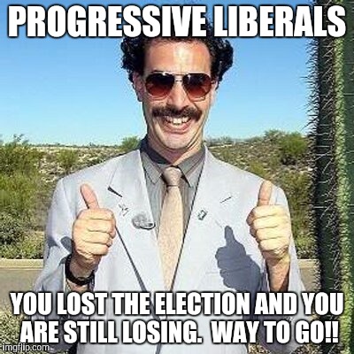 Yay | PROGRESSIVE LIBERALS; YOU LOST THE ELECTION AND YOU ARE STILL LOSING.  WAY TO GO!! | image tagged in yay | made w/ Imgflip meme maker