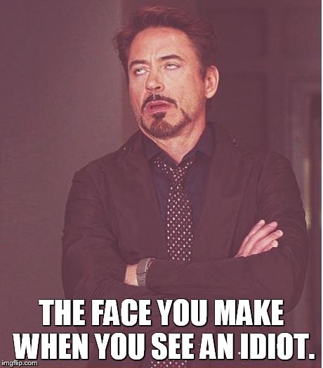 Face You Make Robert Downey Jr Meme | THE FACE YOU MAKE WHEN YOU SEE AN IDIOT. | image tagged in memes,face you make robert downey jr | made w/ Imgflip meme maker