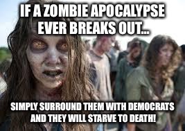 zombies | IF A ZOMBIE APOCALYPSE EVER BREAKS OUT... SIMPLY SURROUND THEM WITH DEMOCRATS AND THEY WILL STARVE TO DEATH! | image tagged in zombies | made w/ Imgflip meme maker