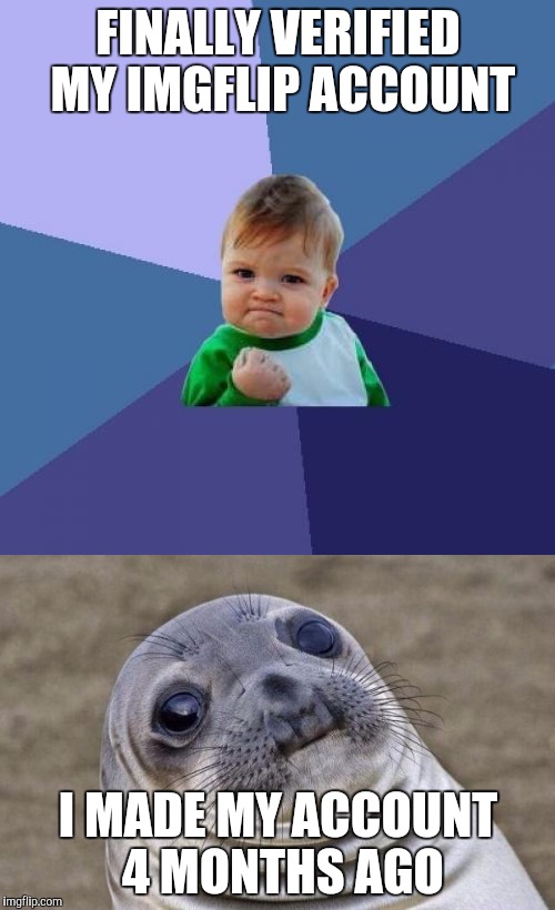 I couldn't remember my email password and didn't have any way to recover it so I got a new email | FINALLY VERIFIED MY IMGFLIP ACCOUNT; I MADE MY ACCOUNT 4 MONTHS AGO | image tagged in memes,success kid,awkward moment sealion | made w/ Imgflip meme maker