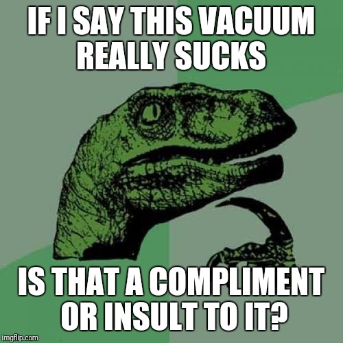 Philosoraptor | IF I SAY THIS VACUUM REALLY SUCKS; IS THAT A COMPLIMENT OR INSULT TO IT? | image tagged in memes,philosoraptor | made w/ Imgflip meme maker