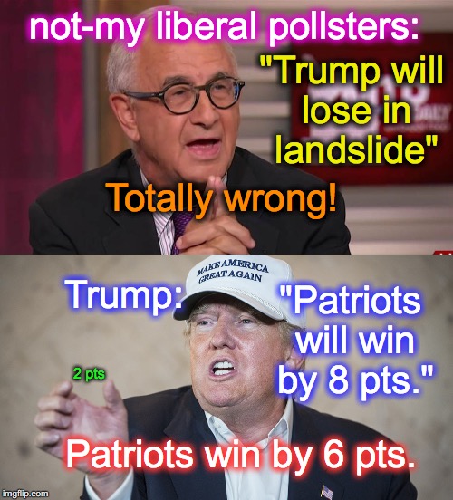 "Trump will lose in landslide"; not-my liberal pollsters:; Totally wrong! Trump:; "Patriots will win by 8 pts."; 2 pts; Patriots win by 6 pts. | image tagged in liberal media,polls,president trump | made w/ Imgflip meme maker