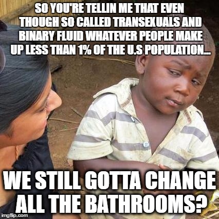 TRANNY 3RD WORLD | SO YOU'RE TELLIN ME THAT EVEN THOUGH SO CALLED TRANSEXUALS AND BINARY FLUID WHATEVER PEOPLE MAKE UP LESS THAN 1% OF THE U.S POPULATION... WE STILL GOTTA CHANGE ALL THE BATHROOMS? | image tagged in memes,third world skeptical kid,transgender | made w/ Imgflip meme maker