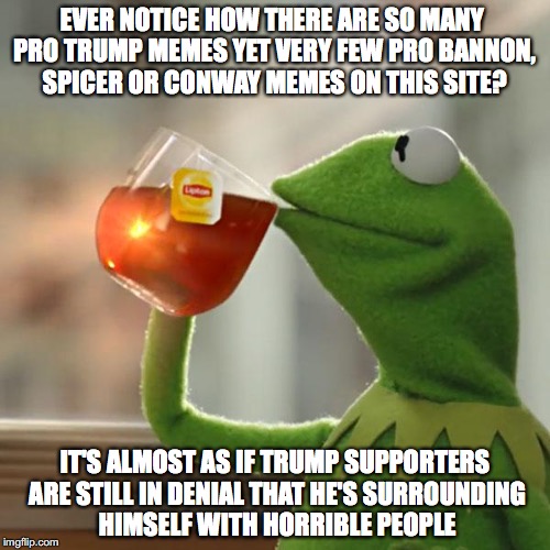 But That's None Of My Business | EVER NOTICE HOW THERE ARE SO MANY PRO TRUMP MEMES YET VERY FEW PRO BANNON, SPICER OR CONWAY MEMES ON THIS SITE? IT'S ALMOST AS IF TRUMP SUPPORTERS ARE STILL IN DENIAL THAT HE'S SURROUNDING HIMSELF WITH HORRIBLE PEOPLE | image tagged in but thats none of my business,donald trump,kellyanne conway,steve bannon,sean spicer,alternative facts | made w/ Imgflip meme maker