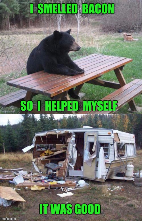 He couldn't bear it anymore.  He watched the trailer.  Had to have it. | I  SMELLED  BACON; SO  I  HELPED  MYSELF; IT WAS GOOD | image tagged in confession bear,bacon meme,bacon,trailer | made w/ Imgflip meme maker