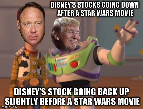 X, X Everywhere | DISNEY'S STOCKS GOING DOWN AFTER A STAR WARS MOVIE; DISNEY'S STOCK GOING BACK UP SLIGHTLY BEFORE A STAR WARS MOVIE | image tagged in memes,x x everywhere | made w/ Imgflip meme maker