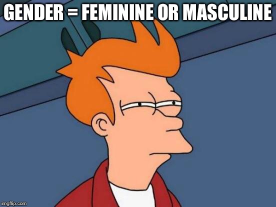 Futurama Fry Meme | GENDER = FEMININE OR MASCULINE | image tagged in memes,futurama fry | made w/ Imgflip meme maker