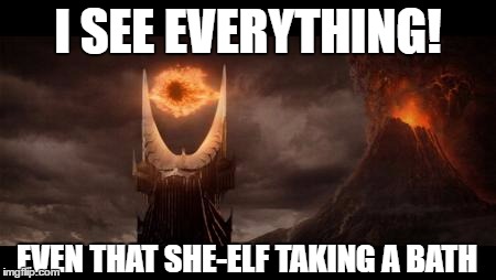 Eye Of Sauron | I SEE EVERYTHING! EVEN THAT SHE-ELF TAKING A BATH | image tagged in memes,eye of sauron | made w/ Imgflip meme maker