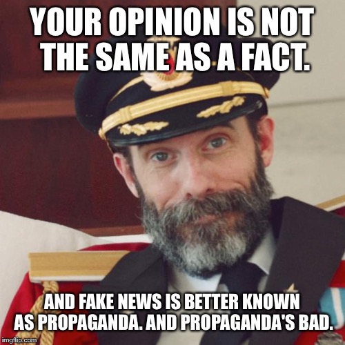 Captain Obvious | YOUR OPINION IS NOT THE SAME AS A FACT. AND FAKE NEWS IS BETTER KNOWN AS PROPAGANDA. AND PROPAGANDA'S BAD. | image tagged in captain obvious | made w/ Imgflip meme maker
