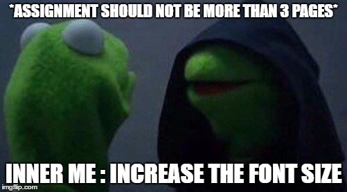 kermit me to me | *ASSIGNMENT SHOULD NOT BE MORE THAN 3 PAGES*; INNER ME : INCREASE THE FONT SIZE | image tagged in kermit me to me | made w/ Imgflip meme maker