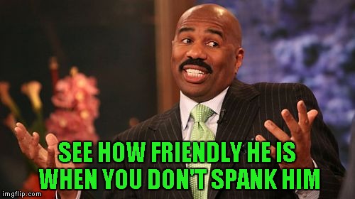 Steve Harvey Meme | SEE HOW FRIENDLY HE IS WHEN YOU DON'T SPANK HIM | image tagged in memes,steve harvey | made w/ Imgflip meme maker