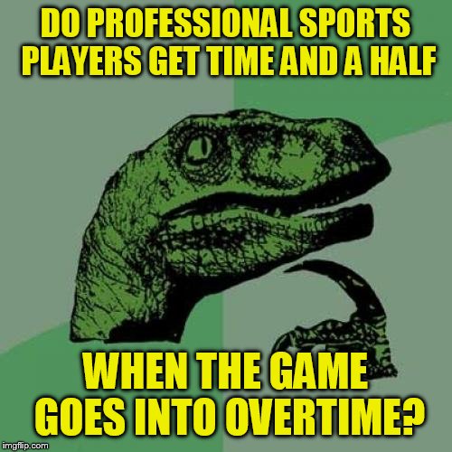 Philosoraptor | DO PROFESSIONAL SPORTS PLAYERS GET TIME AND A HALF; WHEN THE GAME GOES INTO OVERTIME? | image tagged in memes,philosoraptor | made w/ Imgflip meme maker