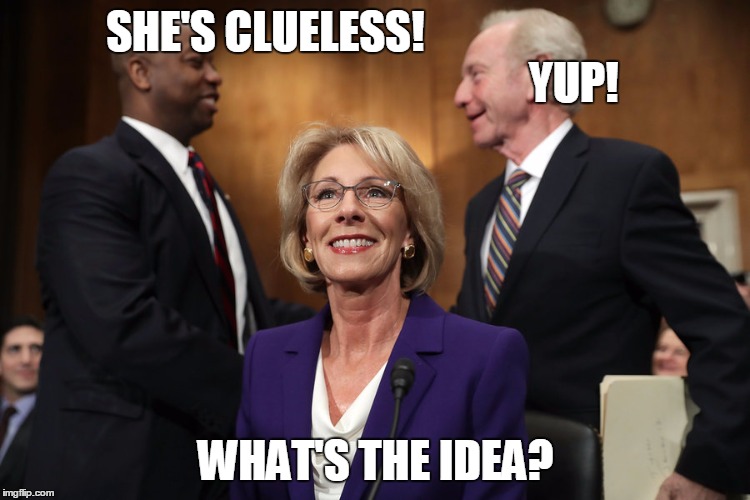 Betsy DeVos confirmation Secretary of Education | SHE'S CLUELESS!                                                                      YUP! WHAT'S THE IDEA? | image tagged in betsy devos,senate,education | made w/ Imgflip meme maker