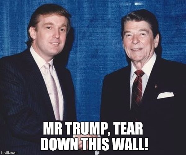 Donald Trump and Ronald Reagan | MR TRUMP, TEAR DOWN THIS WALL! | image tagged in donald trump and ronald reagan | made w/ Imgflip meme maker