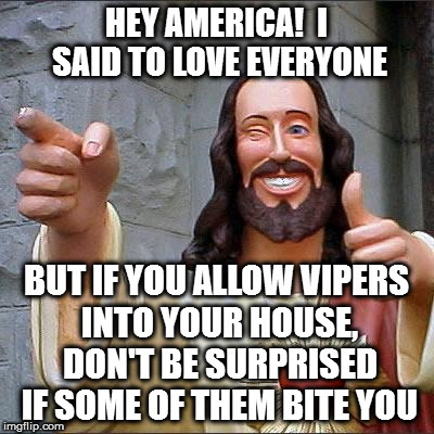 Buddy Christ | HEY AMERICA!  I SAID TO LOVE EVERYONE; BUT IF YOU ALLOW VIPERS INTO YOUR HOUSE, DON'T BE SURPRISED IF SOME OF THEM BITE YOU | image tagged in memes,buddy christ | made w/ Imgflip meme maker