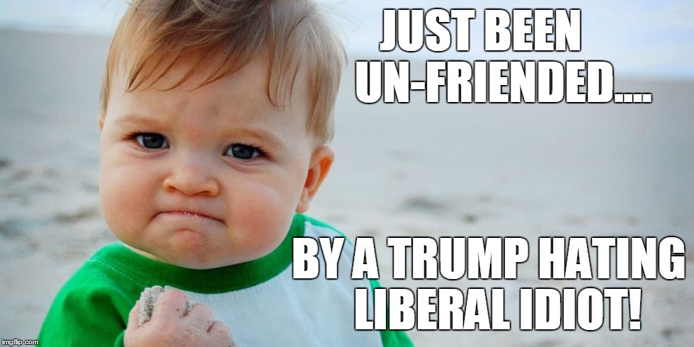Unfriended by an idiot! | JUST BEEN     UN-FRIENDED.... BY A TRUMP HATING  LIBERAL IDIOT! | image tagged in funny memes,donald trump | made w/ Imgflip meme maker