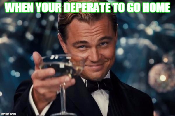 Leonardo Dicaprio Cheers Meme | WHEN YOUR DEPERATE TO GO HOME | image tagged in memes,leonardo dicaprio cheers | made w/ Imgflip meme maker