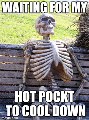 Waiting Skeleton Meme | WAITING FOR MY; HOT POCKT TO COOL DOWN | image tagged in memes,waiting skeleton | made w/ Imgflip meme maker