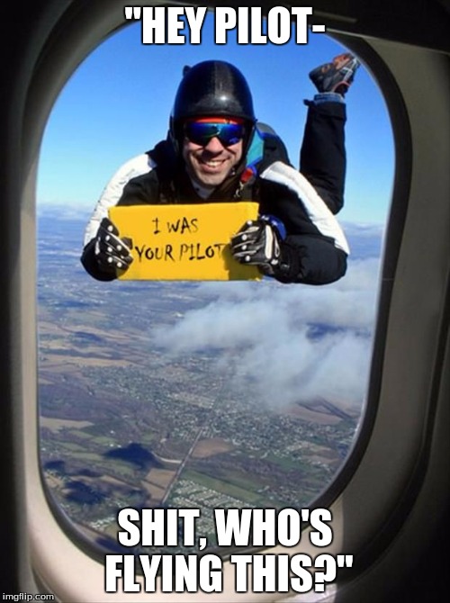 Hey Pilot | "HEY PILOT-; SHIT, WHO'S FLYING THIS?" | image tagged in pilot,funny meme,lolz | made w/ Imgflip meme maker