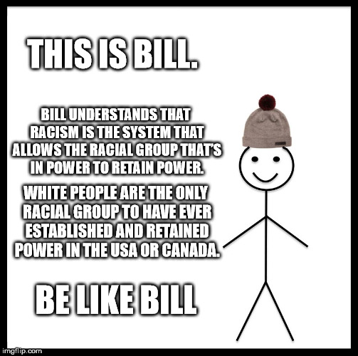 Be Like Bill Meme | THIS IS BILL. BILL UNDERSTANDS THAT RACISM IS THE SYSTEM THAT ALLOWS THE RACIAL GROUP THAT’S IN POWER TO RETAIN POWER. WHITE PEOPLE ARE THE ONLY RACIAL GROUP TO HAVE EVER ESTABLISHED AND RETAINED POWER IN THE USA OR CANADA. BE LIKE BILL | image tagged in memes,be like bill | made w/ Imgflip meme maker
